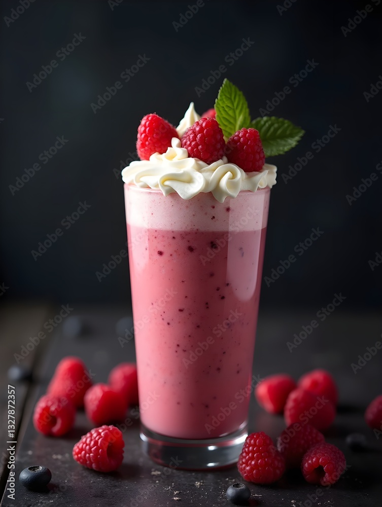 Delicious raspberry milkshake topped with whipped cream and fresh berries on a dark textured background Delicious raspberry milkshake topped with whipped cream and fresh berries on a dark textured background