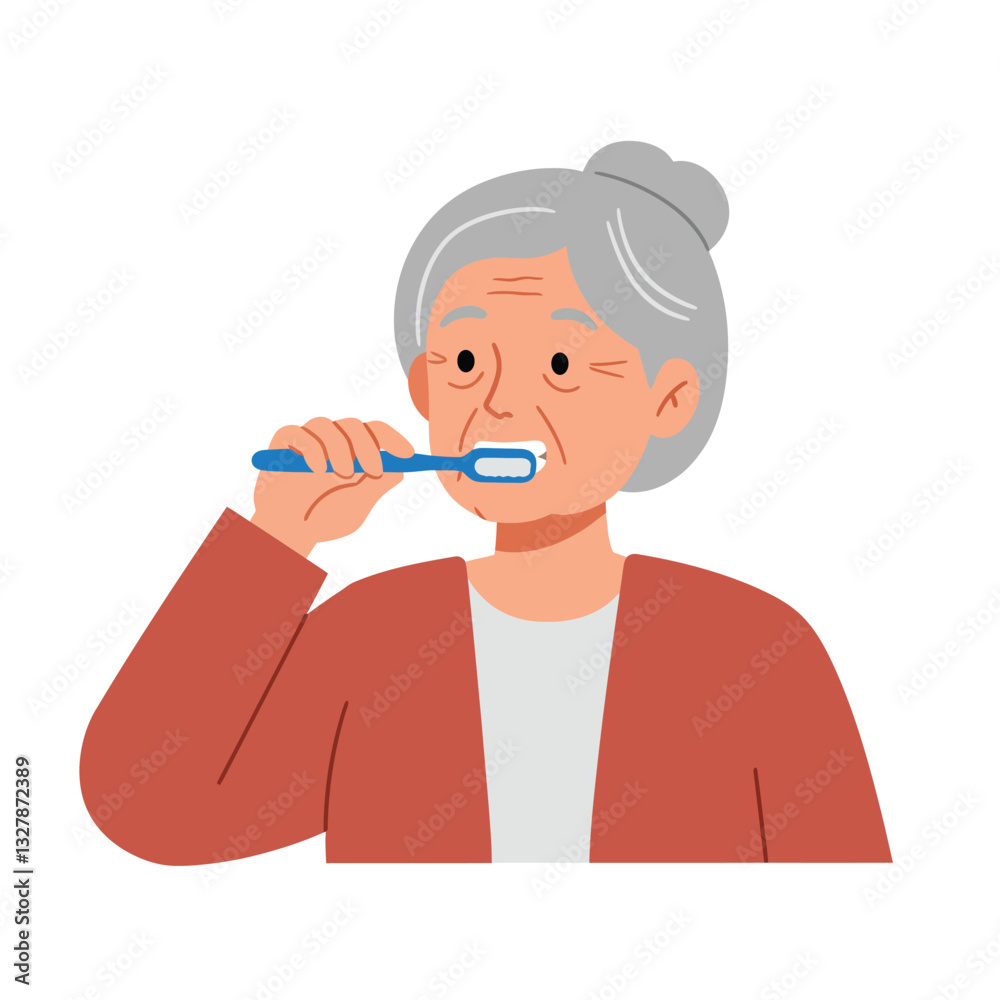 Elderly woman brushing teeth in flat and minimal style vector illustration