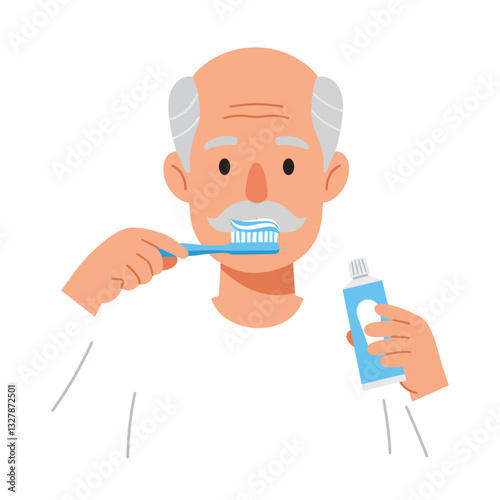 Elderly man brushing teeth in flat, minimal style vector illustration