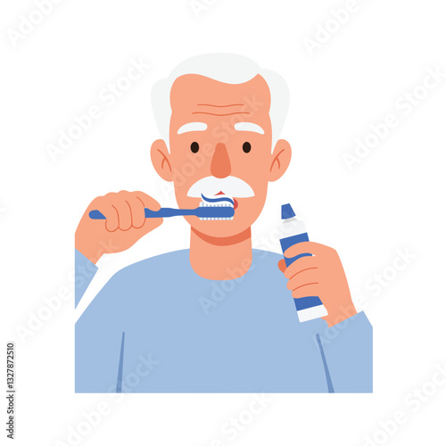 Elderly man brushing teeth with toothbrush and toothpaste in flat vector art