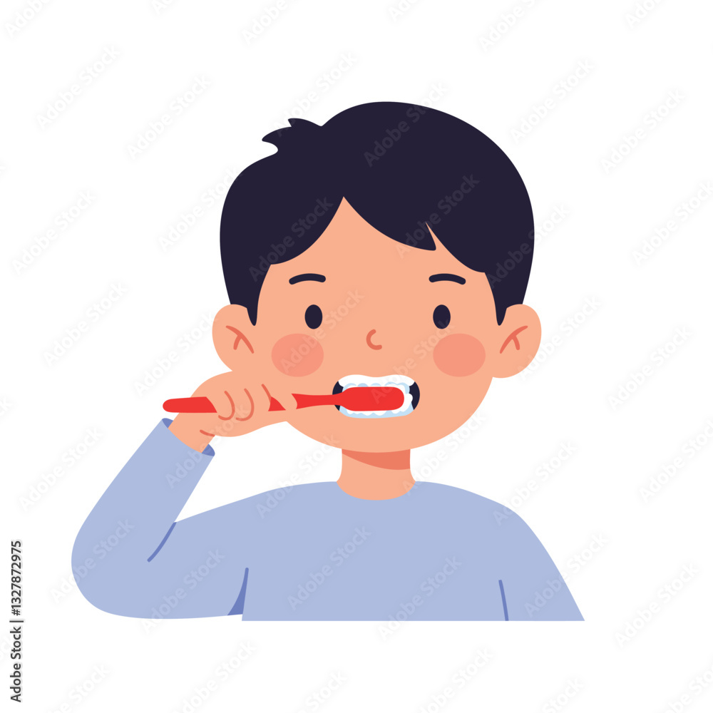 Young boy brushing his teeth in flat style vector art illustration Young boy brushing his teeth in flat style vector art illustration