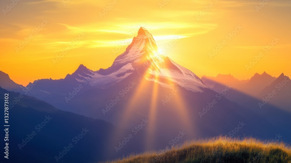 Fototapeta premium Majestic Mountain Peak at Sunrise with Golden Rays of Sunlight