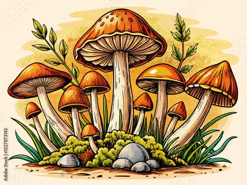vector of  Mushroom set. Hand drawn growing mushroom, mycelium in vintage engraving style. Sketch vector illustration