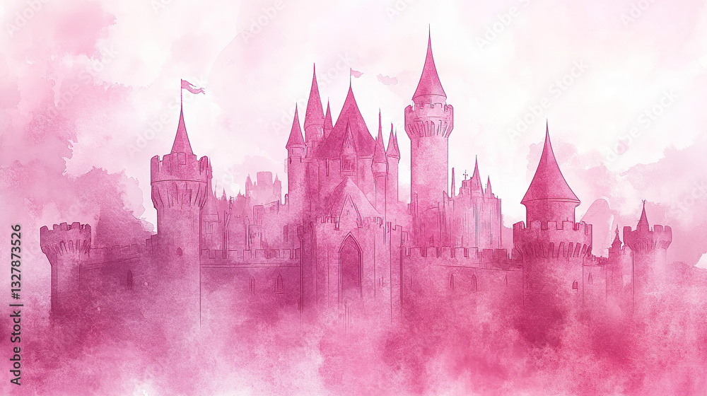 Fototapeta premium Majestic castle in misty landscape fantasy artwork serene environment dreamlike viewpoint
