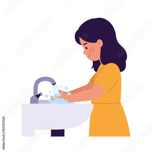 Woman washing hands at sink in minimal flat vector art