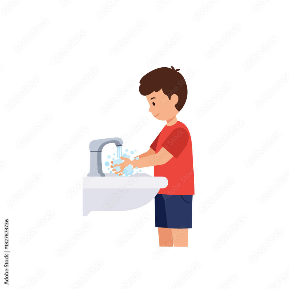 Child washing hands at sink in flat design style vector illustration Child washing hands at sink in flat design style vector illustration