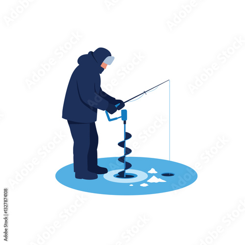 Ice fishing person using auger in flat design vector art style vector illustration