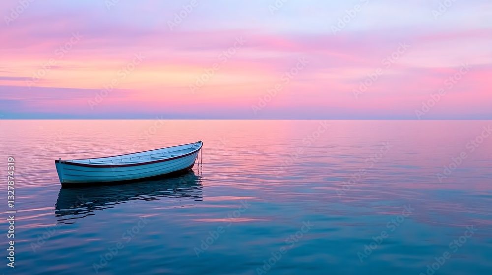 Fototapeta premium Serene Boat Floating on Calm Water at Sunset with Pastel Sky, Peaceful Lake Scenery.