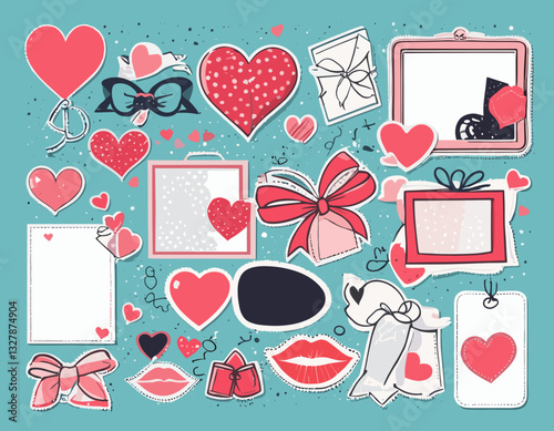 Love and Valentine's day collage cut outs set. Halftone dotted stickers and doodles, hands, eyes, lips, vintage bows, instant photo frames. Modern retro vector illustration on transparent background