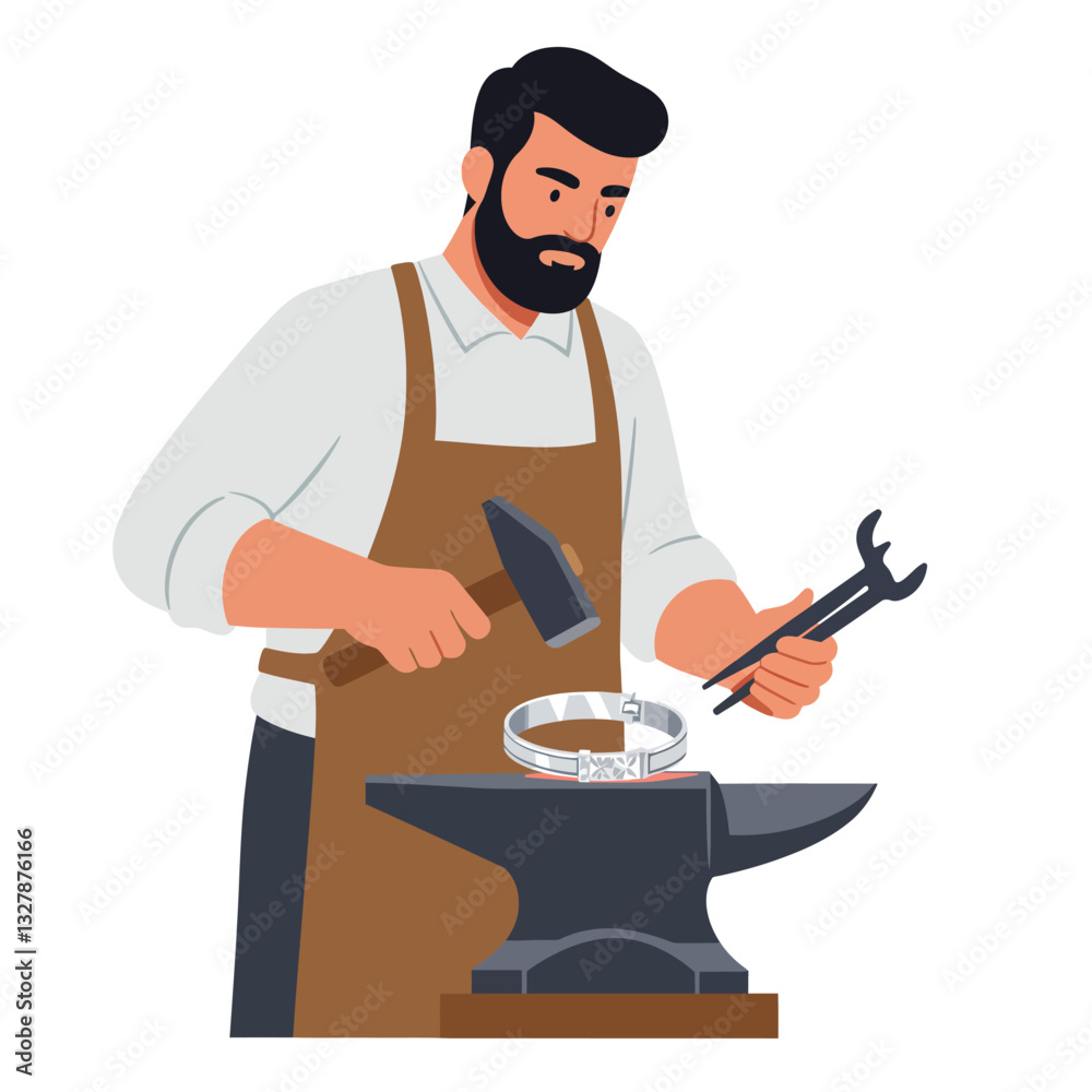 Craftsman shaping metal on an anvil in flat vector art style Craftsman shaping metal on an anvil in flat vector art style