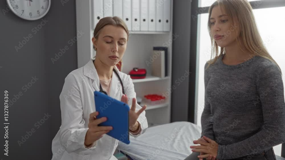 Doctor showing tablet to patient in clinic room with two women discussing healthcare indoors. Doctor showing tablet to patient in clinic room with two women discussing healthcare indoors.
