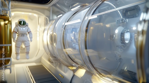 Universal Design Space Suit Docking Bay Modular Self Adjusting Suits for All Body Types with Holographic UI Panels