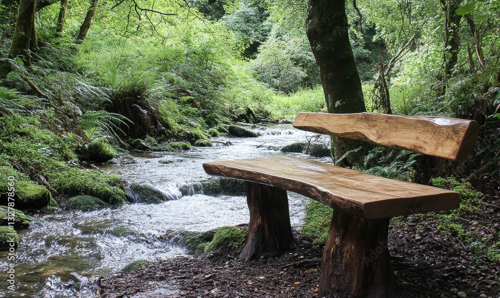 Wooden bench constructed from reclaimed wood bearing signs of age and wear, recycled wood, weA wooden bench situated near a babbling brook surrounded by trees and foliage, scenic Wooden bench constructed from reclaimed wood bearing signs of age and wear, recycled wood, weA wooden bench situated near a babbling brook surrounded by trees and foliage, scenic