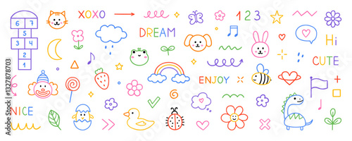 Cute kids elements, preschool kindergarten doodle icons set. Daycare, children drawings, flower, rainbow, cloud, sun, heart in sketch style. Hand drawn vector illustration isolated on white background