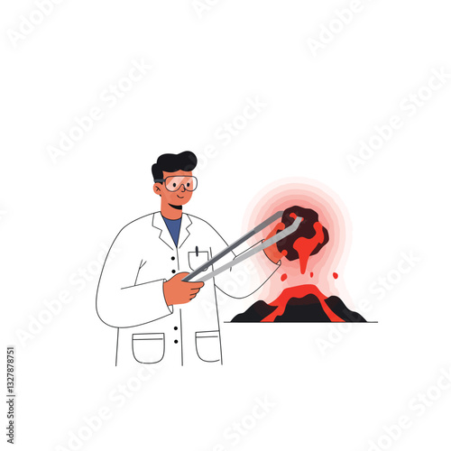 Scientist observing erupting volcano with tools in flat, minimal vector illustration