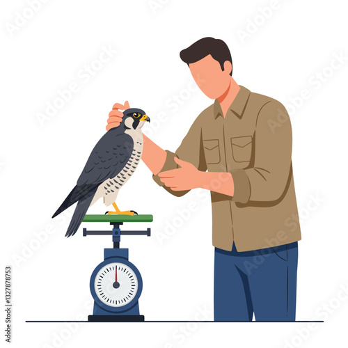 Falcon being weighed by a man in minimal flat design vector art