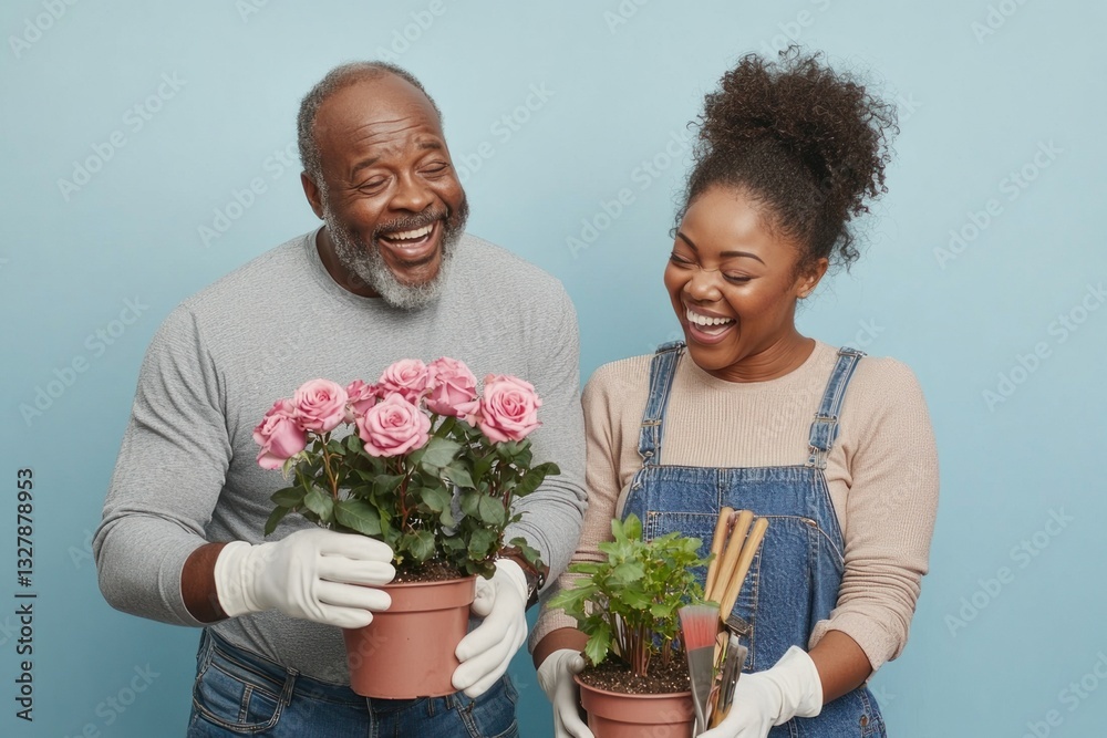 Happy Couple plant flower and gardening together Happy Couple plant flower and gardening together