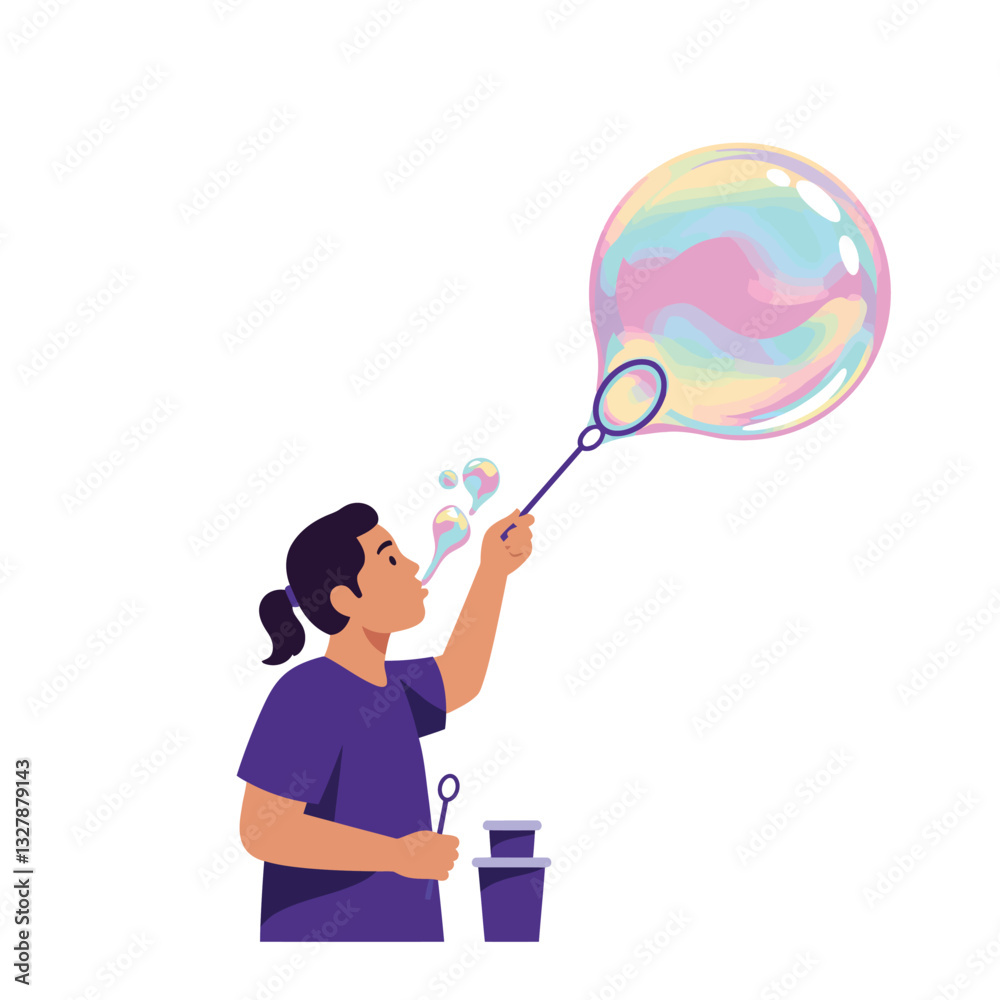 Person blowing a large bubble in a colorful flat vector illustration Person blowing a large bubble in a colorful flat vector illustration
