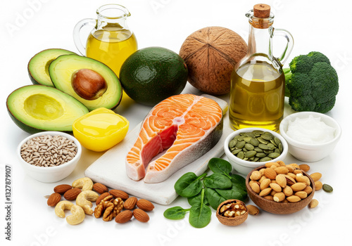 Food with high content of healthy fats isolated on white background