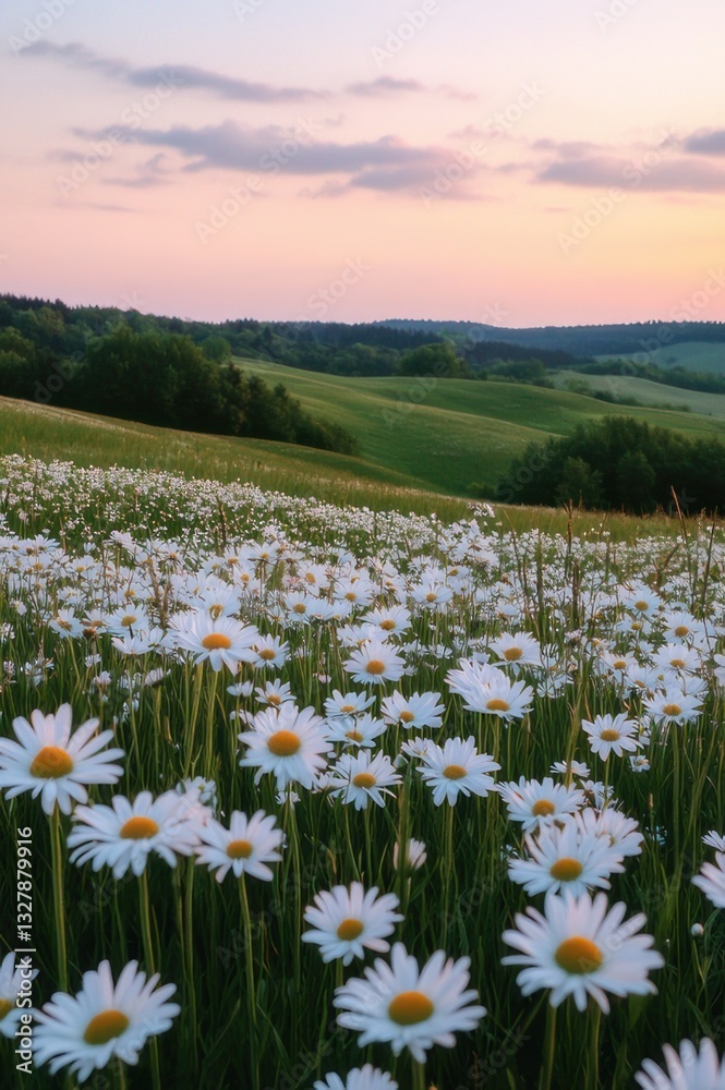 Fototapeta premium White flower meadow on mountain landscape.