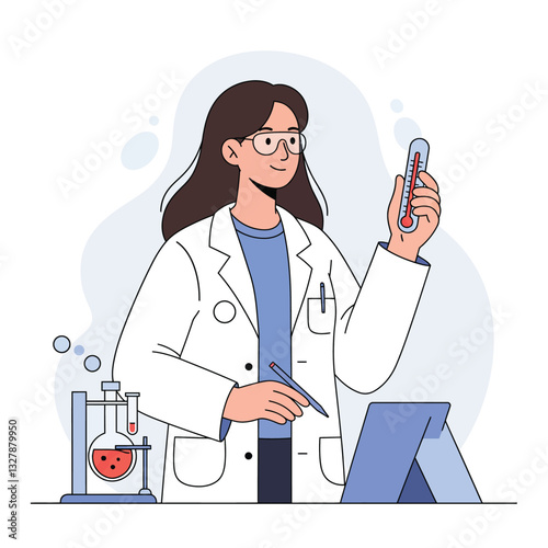Scientist holding thermometer in laboratory with flat design vector art