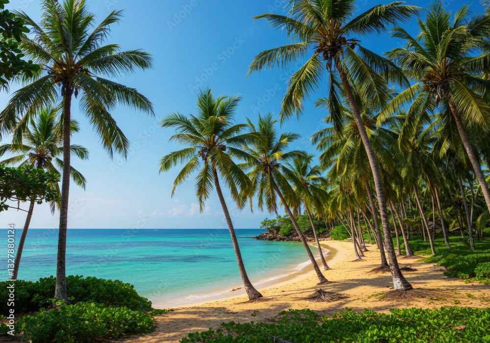 Fototapeta premium Palm trees on exotic coast beautiful sunshine sea sky background