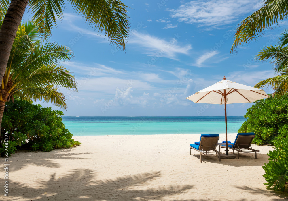 Fototapeta premium Panoramic tropical beach landscape for background or wallpaper, two lounge chairs with umbrella