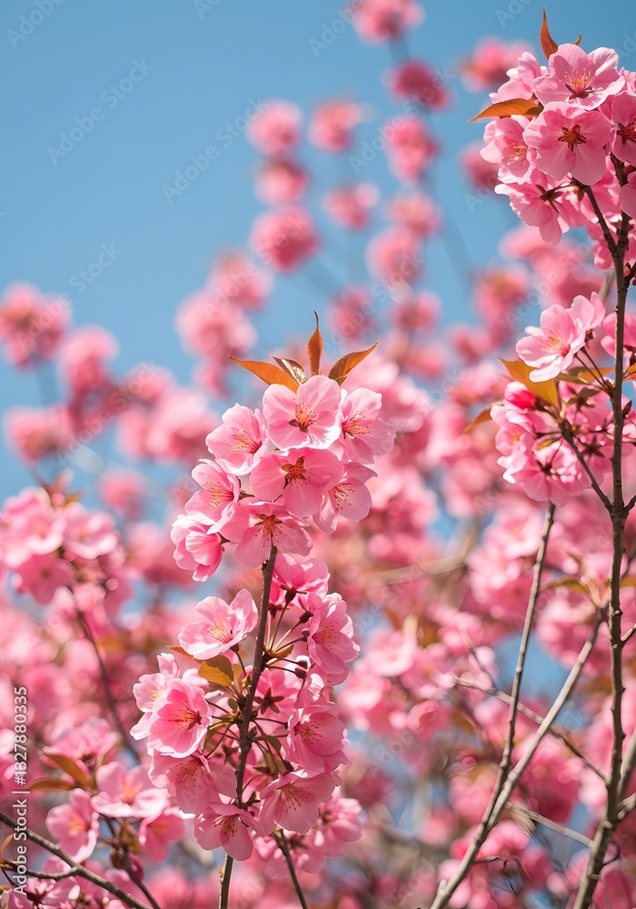 Pink blossoms dance under the golden rays of springtime sunshine Pink blossoms dance under the golden rays of springtime sunshine