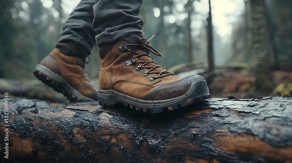 Hiking Boots on Mossy Log in Forest at Sunset, Close-up of a person wearing brown hiking boots standing on a mossy log in a forest during sunset Hiking Boots on Mossy Log in Forest at Sunset, Close-up of a person wearing brown hiking boots standing on a mossy log in a forest during sunset