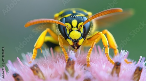 A yellow and black insect is perched on a pink flower