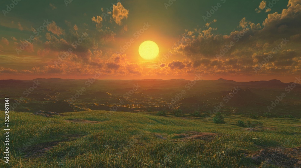Obraz premium Sunrise Over Verdant Hills with Colorful Clouds and Golden Light