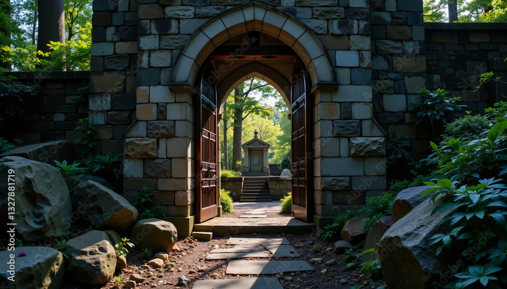 Obraz premium Serene garden entrance featuring ornate stone archway leading to a peaceful memorial space surrounded by lush greenery.