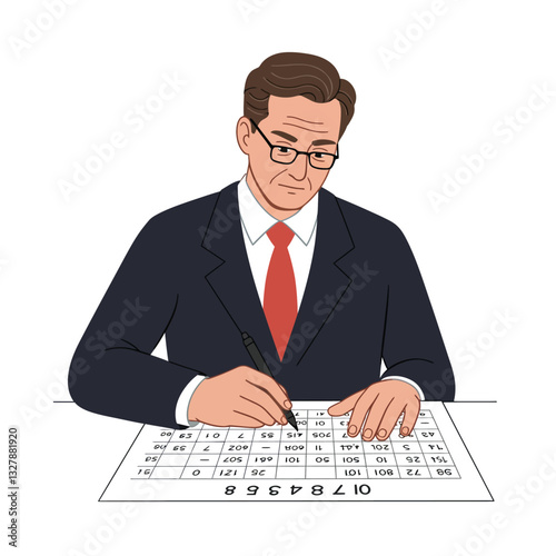 Businessman writing on a bingo card in minimal vector illustration style