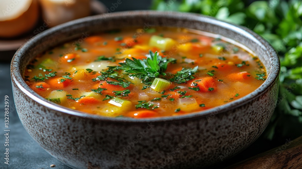 Savor a nutritious and comforting vegetable soup! It's loaded with vibrant, fresh vegetables like zucchini, tomatoes, celery, and carrots. Savor a nutritious and comforting vegetable soup! It's loaded with vibrant, fresh vegetables like zucchini, tomatoes, celery, and carrots.
