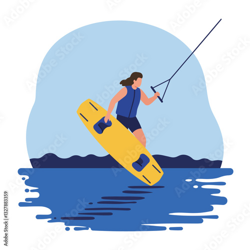 Person performing wakeboarding trick over water in flat vector illustration