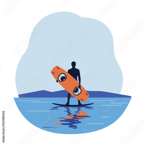 Silhouette of a wakeboarder holding a board in flat vector art