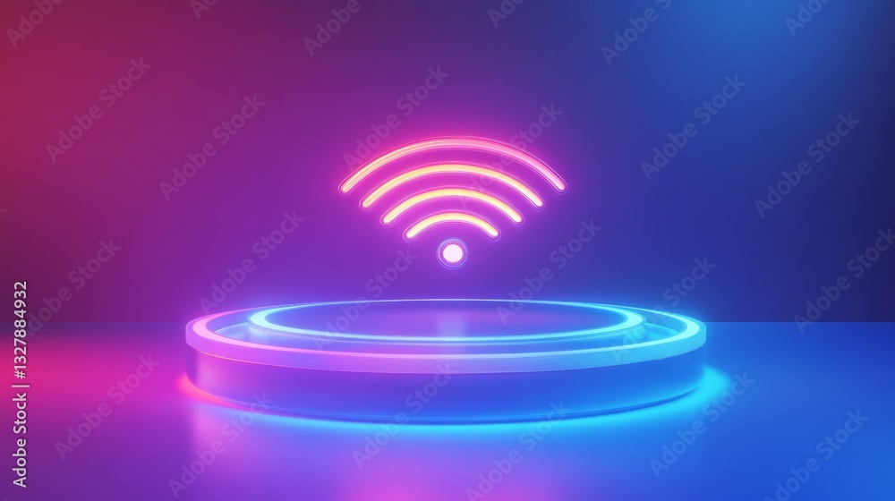Fototapeta premium Neon Wifi Symbol on Futuristic Platform