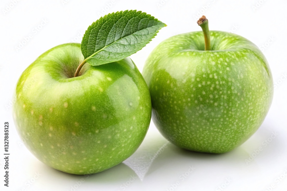 Juicy Green Apples with Leaf, Isolated on White, Tilt-Shift Photography Juicy Green Apples with Leaf, Isolated on White, Tilt-Shift Photography