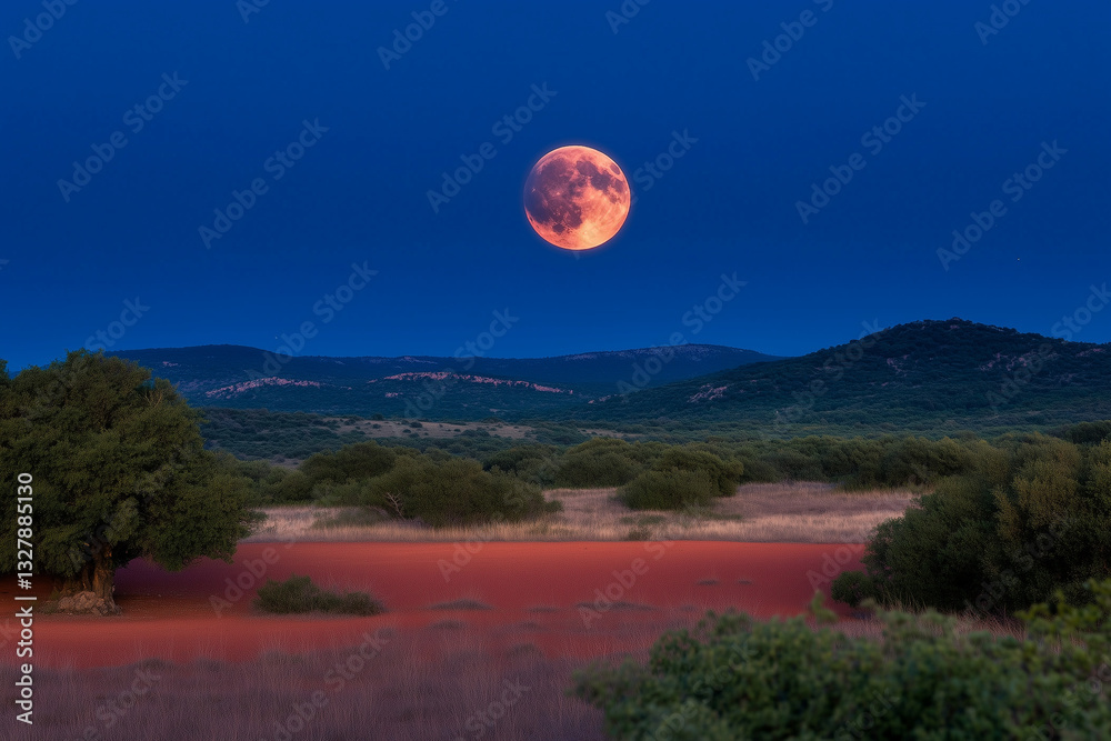 Lunar Eclipse Over a Serene Countryside Lunar Eclipse Over a Serene Countryside