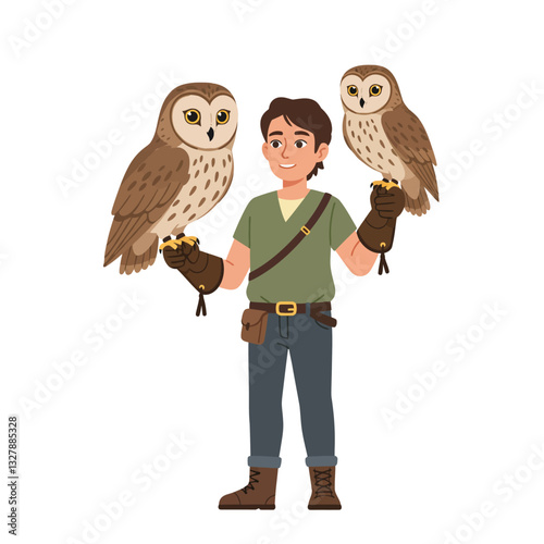 Person holding two owls in a flat and colorful vector illustration