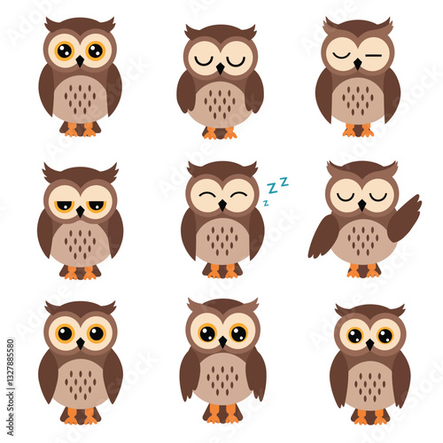 Cute owls expressing various emotions in flat, colorful, vector illustration