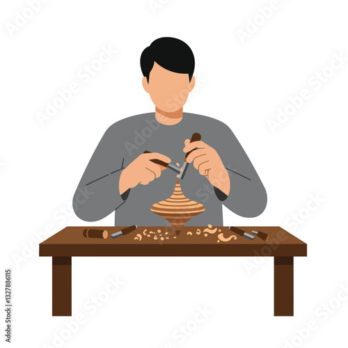 Woodworker shaping a spinning top in flat minimalist vector illustration