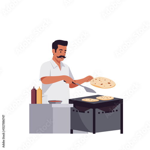 Chef preparing delicious flatbreads on grill in minimal vector art style