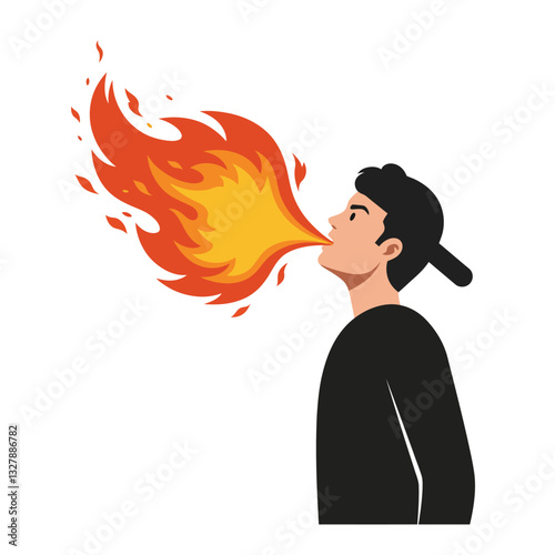 Man breathing fire in flat design style showcasing vibrant colors vector illustration