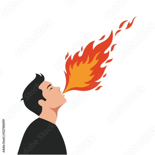 Man breathing fire in a dynamic pose with vibrant flames in flat vector illustration