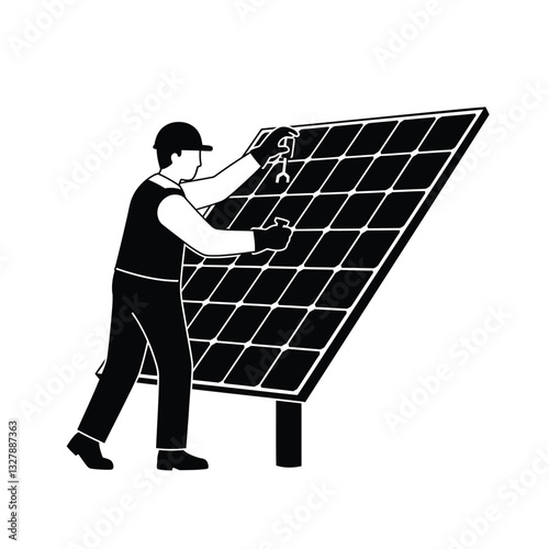 Worker installing solar panel on rooftop in flat minimal vector art