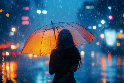 Wallpaper Mural A silhouette of a person stands under an umbrella on a rainy city street, illuminated by reflections from bright lights and wet surfaces during twilight Generative AI Torontodigital.ca