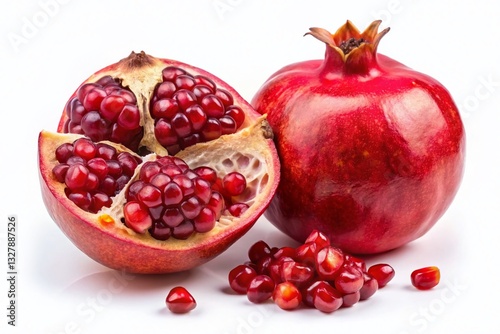 Juicy Pomegranate Fruit with Seeds Isolated on White Background - Stock Photo