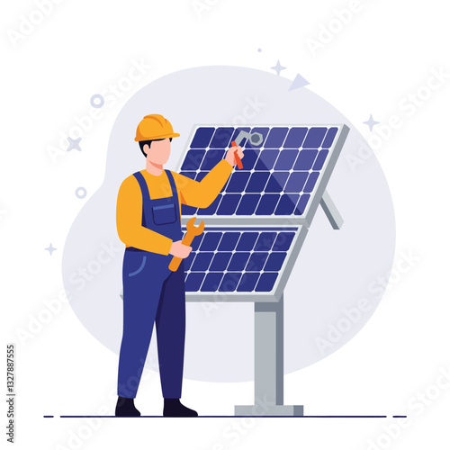 Technician repairing solar panels in flat style vector art