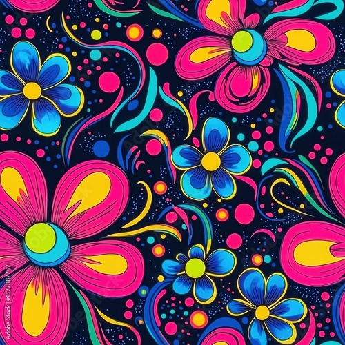 Vibrant 1970s Psychedelic Seamless Tile Pattern Neon Flowers in Hot Pink Electric Blue Yellow on Dark Background